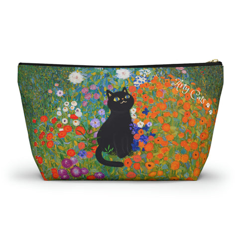 Klimt Cottage Garden with adorable cat. Arty Cat Lover bag, All purpose Accessory Pouch