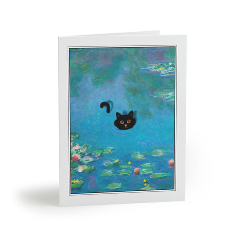 Water Lilies with the Swimming Cat, Claude Monet Art Painting Greeting Card, Set of 8 of Cards & Evelopes