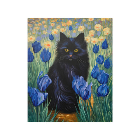 The Cute Black Cat Among Irises, Cat Art Unframed Satin Poster