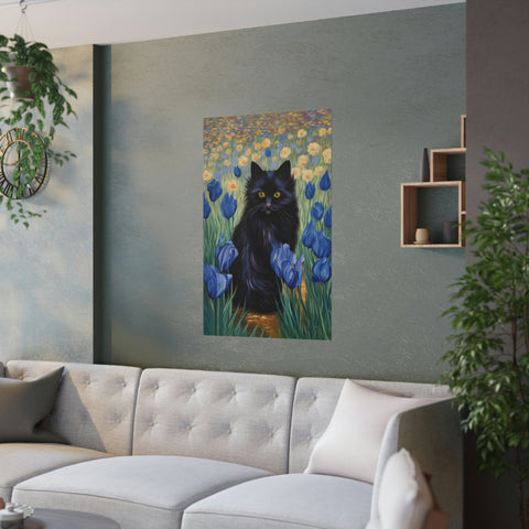 The Cute Black Cat Among Irises, Cat Art Unframed Satin Poster