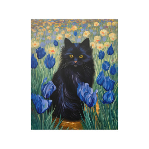 The Cute Black Cat Among Irises, Cat Art Unframed Satin Poster