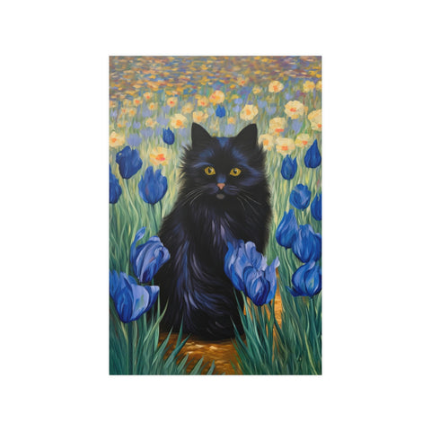 The Cute Black Cat Among Irises, Cat Art Unframed Satin Poster