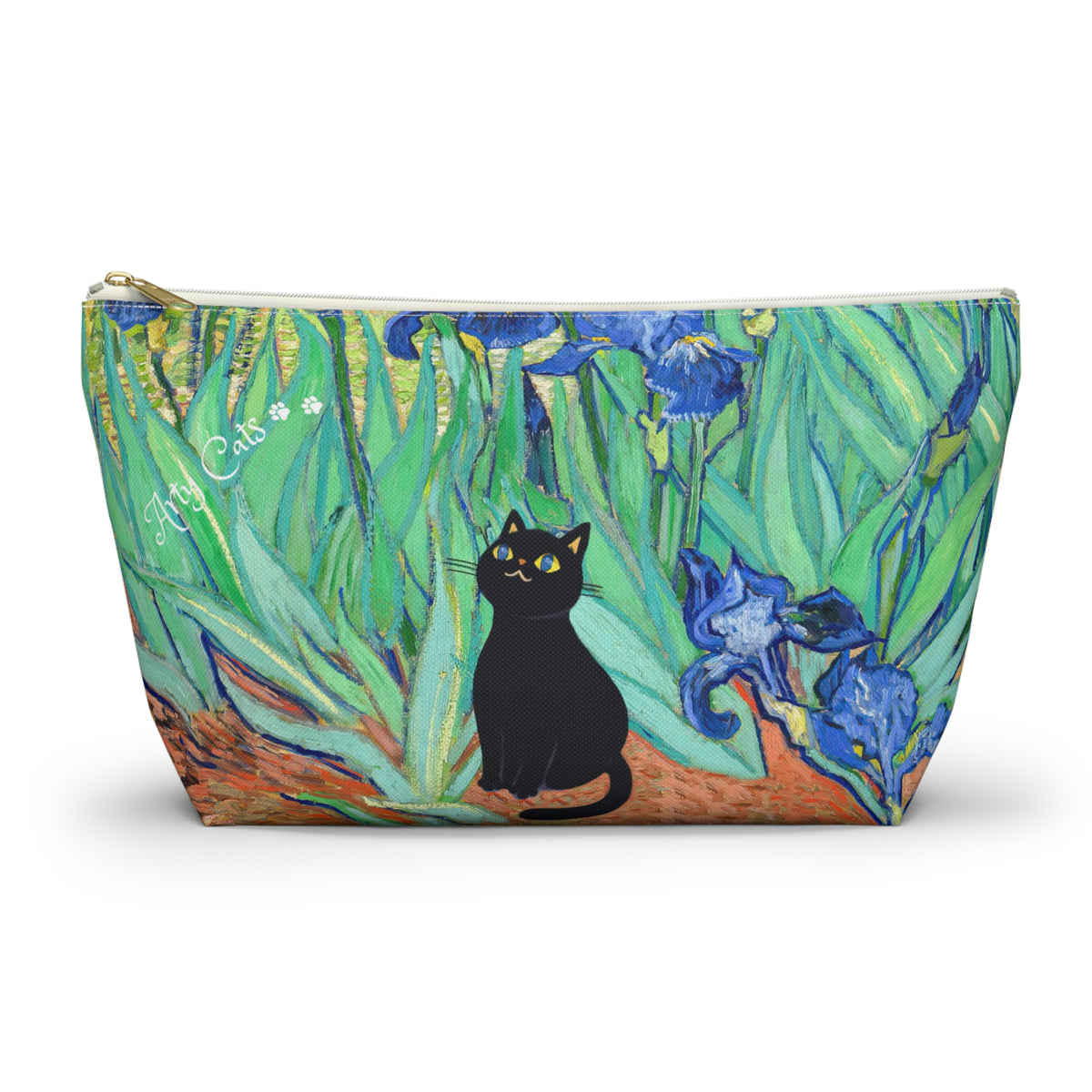 Van Gogh Irises with Adorable Black Cat, Cat Lover Gift Bag, All purpose Accessory Pouch