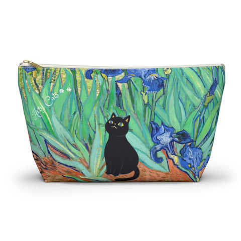 Van Gogh Irises with Adorable Black Cat, Cat Lover Gift Bag, All purpose Accessory Pouch