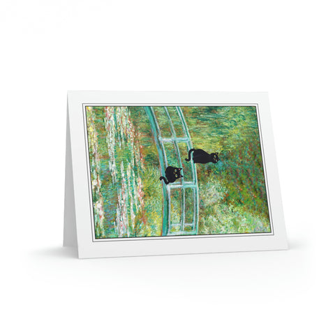 Monet's Water Lily Pond Bridge with two Adorable Black Cats. Claude Monet Art Painting Greeting Card, Set of 8 of Cards & Evelopes