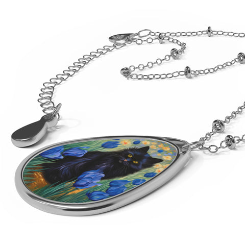 Cute Black Cat Among Irises, Cat Jewelry Oval Necklace