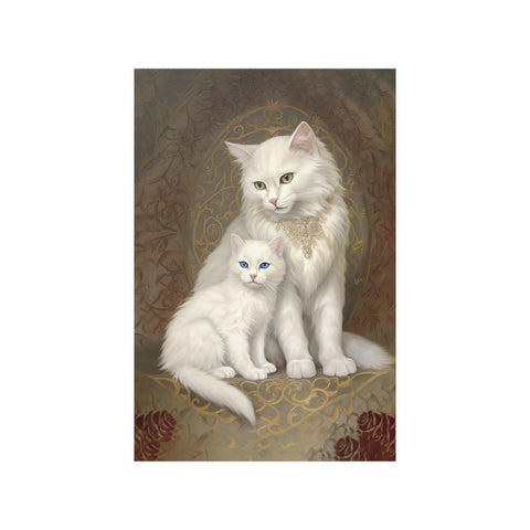 Mom Cat and her Kitten, White Cats Art Poster, Unframed Printed Satin Poster