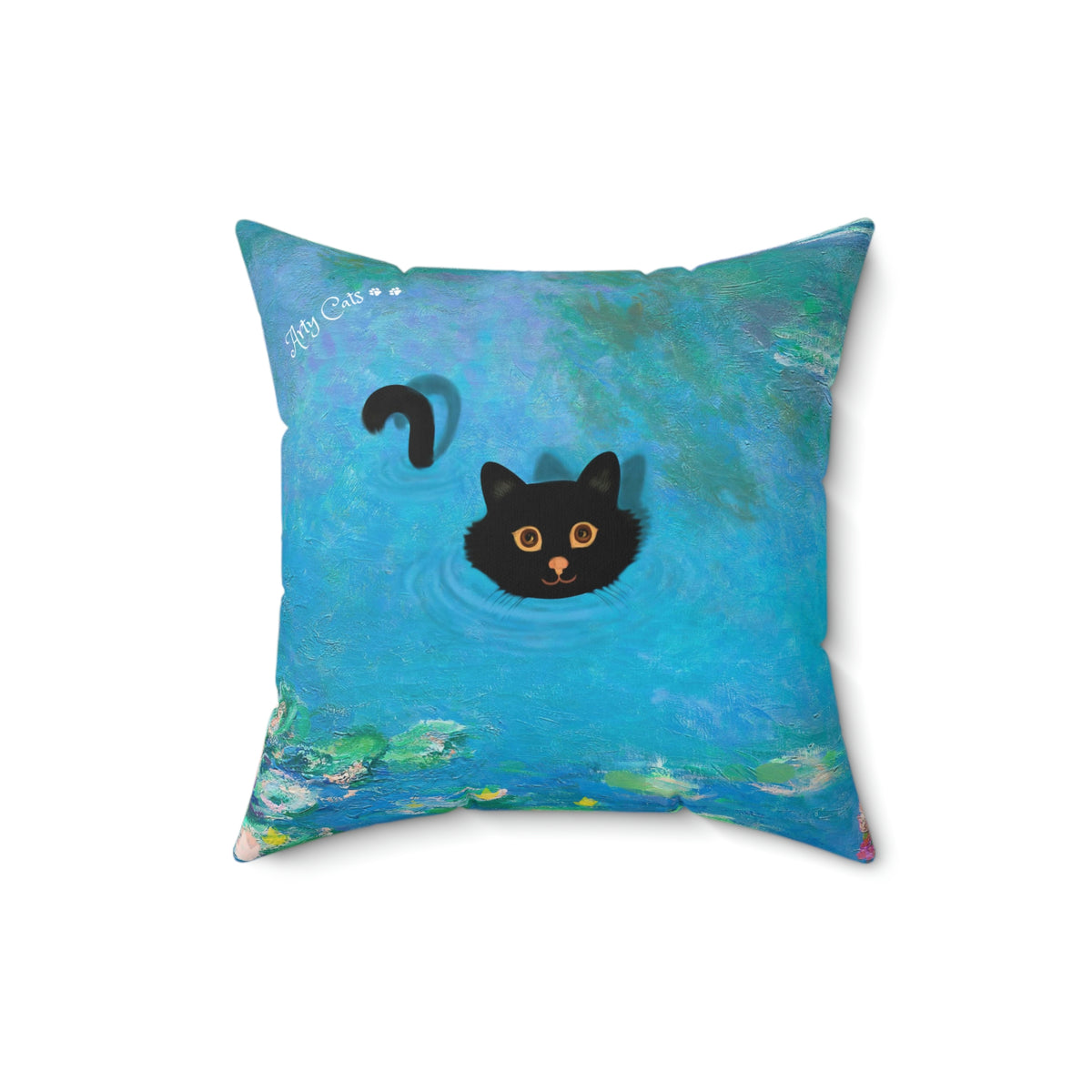 Monet Water Lily Swimming Cat, Arty Cats, Cat Lover Gift, Unique Art Print Spun Polyester Square Pillow