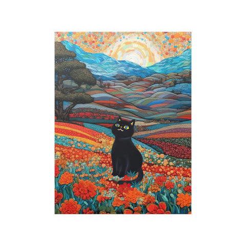 Joyful Cat in the Wonderful Flower Valley, Cute Black Cat Art, Unframed Satin Poster