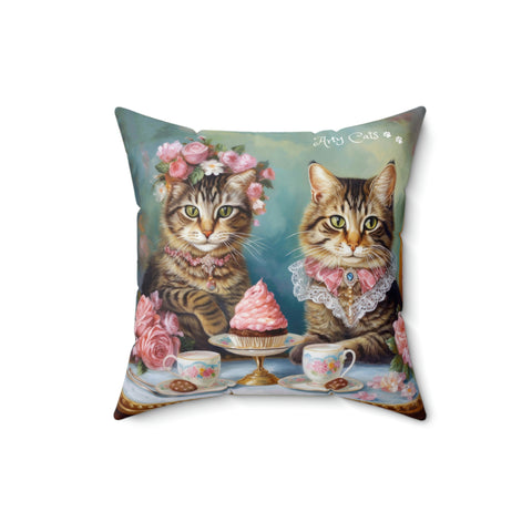 Two Cats in Paris Having Tea And Cakes at Little Posh Cafe, Spun Polyester Square Pillow