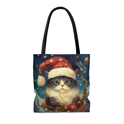 Christmas Cat Tote Bag, Vintage Style all Purpose Designer Tote Bag