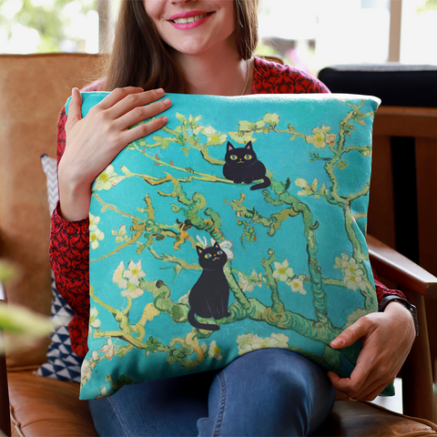 Van Gogh Almond Blossoms with Two Adorable Arty Cats, Cat Lover Gift, Unique Art Print Spun Polyester Square Pillow