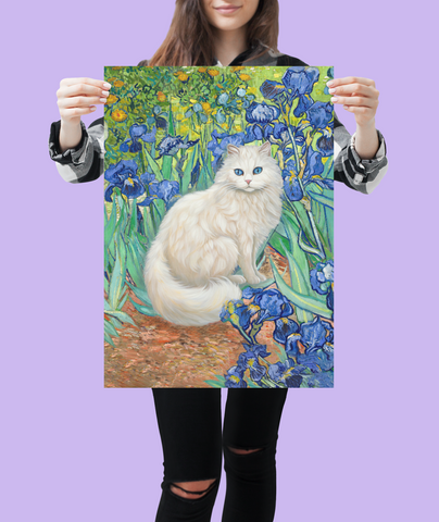 White Cat With Van Gogh Irises, White Cat Poster, Beautiful Cat Art, Printed Unframed Poster