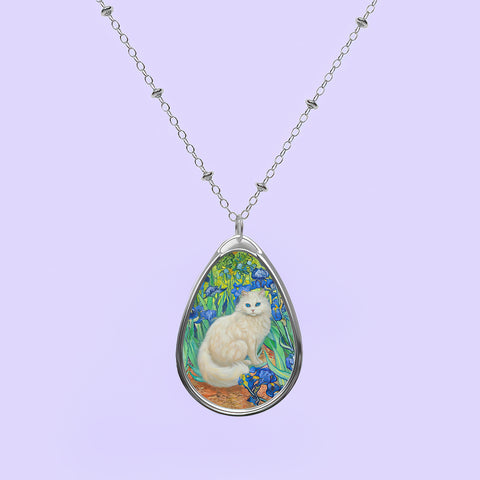 White Cat with Van Gogh Irises, Art Painting, Adorable Cat Jewelry, Cat Necklace